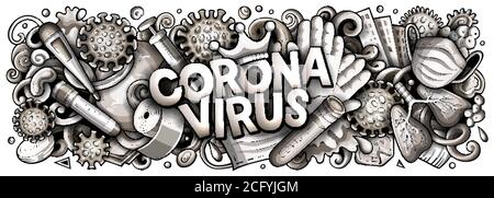 Coronavirus Hand gezeichnet Cartoon Doodles Illustration. Farbenfrohes Vektorbanner Stock Vektor