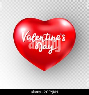 Rot glänzendes Herz auf transparentem Hintergrund. Valentinskarte mit rotem Herz, Glitzer-Konfetti und Handschriftzug. Hochzeitskarte. Damen Stock Vektor