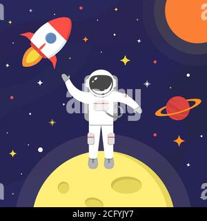 Astronaut im Weltraum. Spaceman isoliert auf schwarzem Hintergrund. Raumanzug, Mond, Raumschiff, Sonne, Planet, Sterne Konzept. Vektorgrafik in flacher Form Stock Vektor