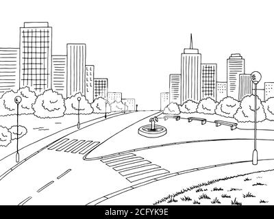 Straße Straße Grafik schwarz weiß Landschaft Skizze Illustration Vektor Stock Vektor