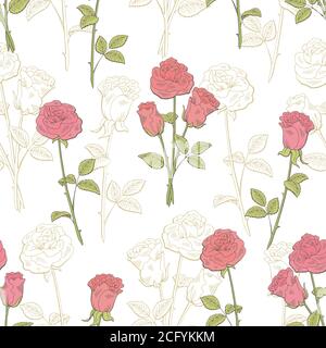 Rose Blume Grafik rosa Farbe nahtlose Muster Skizze Illustration Vektor Stock Vektor