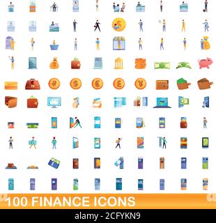 100 Symbole für Finanzen festgelegt. Cartoon Illustration von 100 Finanz-Symbole Vektor-Set isoliert auf weißem Hintergrund Stock Vektor
