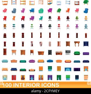 100 Symbole im Innenraum. Cartoon Illustration von 100 Innensymbolen Vektor-Set isoliert auf weißem Hintergrund Stock Vektor