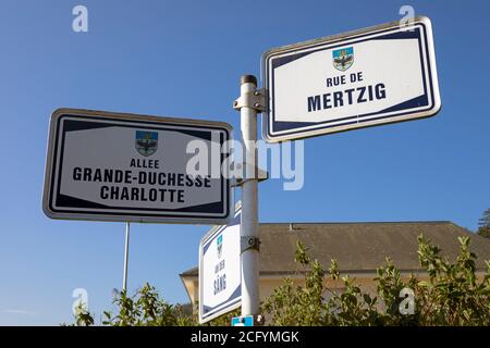 Europa, Luxemburg, Colmar-Berg, Straßenschild an der Kreuzung Rue de Mertzig und Allee Grande-Duchesse Charlotte Stockfoto