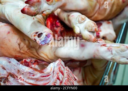 Gehackte Teile eines Schweins. Schweinefleisch Kadaver Stücke. Kaltes Fleisch lagern Stockfoto