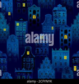 Halloween Fee dunkel Nacht Stadt nahtlose Muster von Aquarell bunten europäischen amsterdam Stil Häuser. Aquarell handgezeichnete Fassaden von alten Gebäude Stockfoto