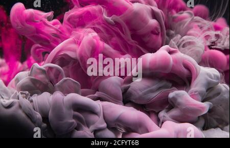 Farbige Acryl-Tinte Mischen in Wasser isoliert auf schwarzem Hintergrund. Abstrakter Kunsthintergrund. Stockfoto