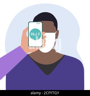 Vektor-Illustration Telefon auf der Stirn der Person platziert fernab misst Temperatur. Neue Technologie. Neue normale. Messung der menschlichen Körpertemperatur Stock Vektor