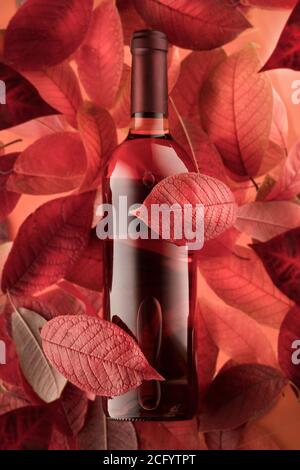 Eine Flasche Rotwein auf dem Hintergrund der Herbstblätter. Herbststimmung und Entspannung Stockfoto