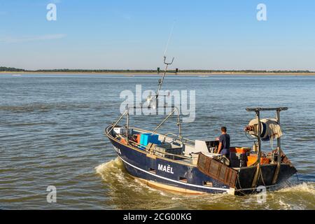 Frankreich, Somme (80), Baie de Somme, Le Hourdel, Fischerboot, das bei Flut den Hafen verlässt Stockfoto