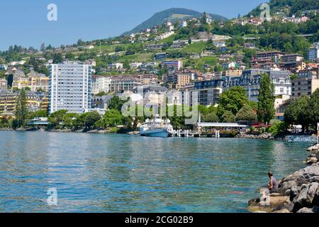 Schweiz, Kanton Waadt, Montreux, die Kais am Ufer des Genfersees, das Paddelboot Vevey (1907) der Compagnie générale de navig Stockfoto