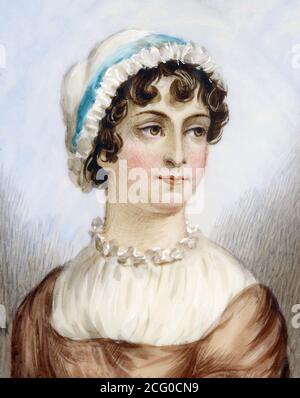 Jane Austen. Porträt in Miniatur der englischen Schriftstellerin Jane Austen (1775-1817) Aquarell auf Elfenbein, c. 1870-1890, anonym Stockfoto