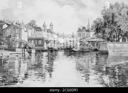 Original Gemälde der europäischen Stadt auf dem Wasser. Impressionismus Ölgemälde Stadtlandschaft in schwarz und weiß Farben. Stockfoto