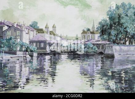 Original Gemälde der europäischen Stadt auf dem Wasser. Impressionismus Ölgemälde Stadtlandschaft in kaltgrauen blauen Farben. Stockfoto