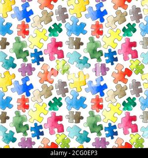 puzzle Muster nahtlose Hintergrund. Puzzleteile. Aquarell handgezeichnete Illustration. Cartoon Puzzle nahtlose Tapete Stockfoto