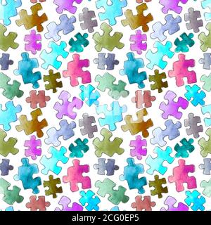 puzzle Muster nahtlose Hintergrund. Puzzleteile. Aquarell handgezeichnete Illustration. Cartoon Puzzle nahtlose Tapete Stockfoto