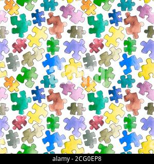 puzzle Muster nahtlose Hintergrund. Puzzleteile. Aquarell handgezeichnete Illustration. Cartoon Puzzle nahtlose Tapete Stockfoto