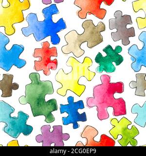 puzzle Muster nahtlose Hintergrund. Puzzleteile. Aquarell handgezeichnete Illustration. Cartoon Puzzle nahtlose Tapete Stockfoto