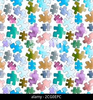 puzzle Muster nahtlose Hintergrund. Puzzleteile. Aquarell handgezeichnete Illustration. Cartoon Puzzle nahtlose Tapete Stockfoto