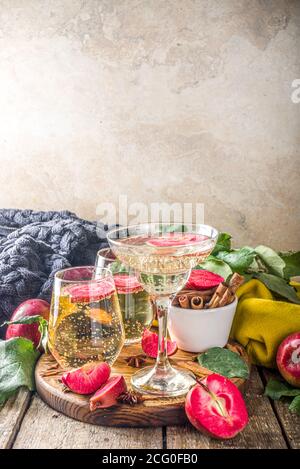 Apfelwein trinken. Herbst rote Äpfel Cider martini Cocktail, mit Apfelscheiben und frisch geschnittenen Äpfeln, Holzhintergrund Kopie Raum Stockfoto