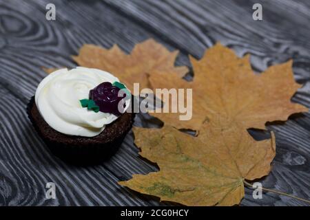 Schokoladenmuffin mit Sahne Blume. Unter den getrockneten Ahornblättern. Liegt auf Kiefernbrettern schwarz und weiß lackiert. Stockfoto