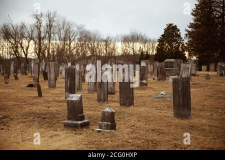 Gruseliger Friedhof an einem düsteren Tag: Alte Grabsteine, gelbes, trockenes Gras sind vorne, Bäume ohne Blätter und grauer Himmel im Hintergrund. Stockfoto