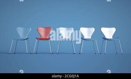 3D-Rendering einer Reihe von Kunststoff-und Metall-Stühle In blauen Farbtönen mit einem kontrastierenden roten Stockfoto