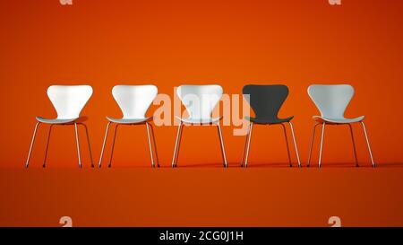 3D-Rendering einer Reihe von Kunststoff-und Metall-Stühle In weiß mit einem kontrastierenden grauen auf einem Orange Hintergrund Stockfoto