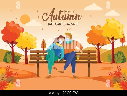 Nettes Paar sitzt auf der Bank. Hallo Herbst Vektor-Illustration mit schöner Landschaft. Covid Corona Virus Konzept Stock Vektor