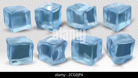Realistische Eiswürfel auf transparentem Hintergrund. Acht blaue Eiswürfel für verschiedene Winkel. 3D-Vektorsymbol. Stock Vektor
