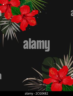 Sommer Eckrand mit tropischen Palmenblättern und Hibiskusblüten. Tropic Frame Hintergrund. Vektor-Illustration für Karten, Webseiten Hintergründe Stock Vektor