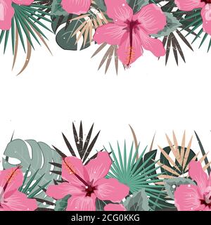 Sommerrand mit tropischen Palmenblättern und Hibiskusblüten. Tropic Frame Hintergrund. Ideal für Karten, Webseiten Hintergründe, Drucke Stock Vektor