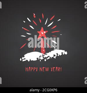 Handgezeichnete festliche Weihnachts- und Neujahrskarte mit Weihnachts-Symbol-Feuerwerk und Kalligraphie Grußbeschriftung. Schwarze Tafel Hintergrund Stock Vektor