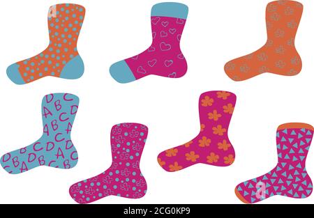 Vektor-Set von bunten Socken mit Mustern auf weißem Hintergrund isoliert gefüllt. Vector Socken-Design. Stock Vektor