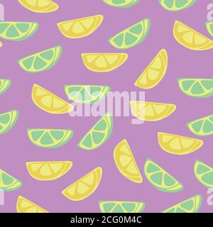 Vektor nahtlose Muster von Zitrusscheiben auf violettem Hintergrund. Flache Sommer Textur Hintergrund Stock Vektor