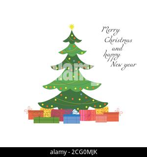 Weihnachtsbaum mit Geschenken. Geschmückter Weihnachtsbaum. Isolierte Vektorgrafiken. Stock Vektor