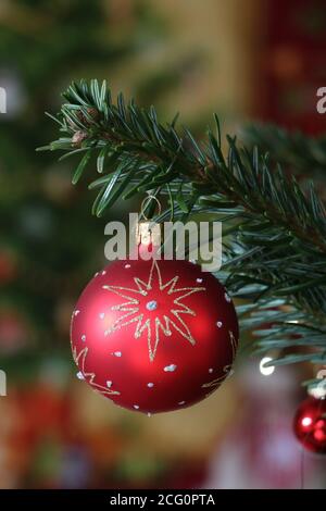 Rote Weihnachtskugel auf Weihnachtsbaum Stockfoto