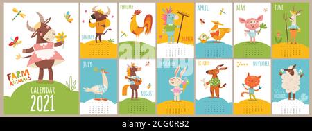 Vektor Cartoon 2021 Kalender mit lustigen Nutztieren Stock Vektor