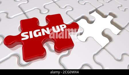 Anmelden. Die Inschrift auf dem fehlenden Element des Puzzles. Gefaltete weiße Puzzles Elemente und eine rote mit Text ANMELDEN. 3D-Illustration Stockfoto