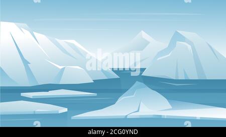 Arktische antarktische Landschaftsdarstellung. Cartoon Frost Natur Landschaft des Nordens mit Eisberg Schnee Berg, Schmelzen Eis Gletscher in blauen nördlichen Ozeanwasser. Kaltes Klima Winter Szene Hintergrund Stock Vektor