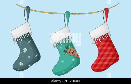 Weihnachten Strümpfe hängen an einem Seil, Weihnachten Socken, Vektor-Illustration. Stock Vektor