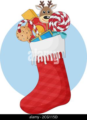 Roter weihnachtsstrumpf mit Geschenken und Süßigkeiten, Stock Vektor Illustration. Stock Vektor