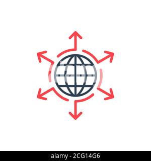 Infografik Pfeile rund um den Globus. Vergrößern erweitern Verbreiten Sie Ihre Firmenidee Beeinflussen Sie Konzeptelemente Icon Logo. Pfeile in andere Richtung. Lager Stock Vektor