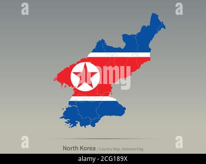 Nordkorea Flagge isoliert auf Karte. Asiatische Länder Karte und Flagge. Stock Vektor