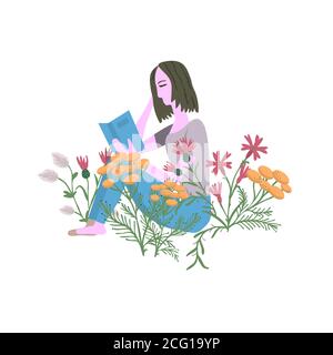 Mädchen liest ein Buch auf der Wiese Stock Vektor