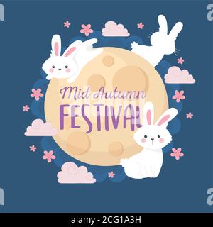 Happy Mitte Herbst Festival, Vollmond-Sakura Blumen und Kaninchen Feier Vektor-Illustration Stock Vektor