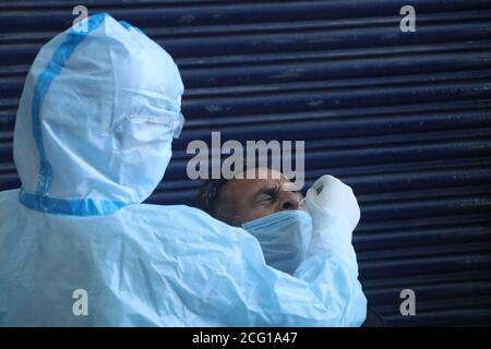 Srinagar, Indien. September 2020. Ein Gesundheitsbeamter, der einen Tupfer von einem Ladenbesitzer in Srinagar nimmt. Der schnelle Antigentest von Ladenbesitzern und Verkäuferinnen wurde in mehreren Märkten der Stadt Srinagar durchgeführt. Indiens Coronavirus-Tally übertraf Brasilien, da Indien derzeit die zweithöchste Zahl an bestätigten positiven Fällen weltweit hat. (Foto von Muhammad Manan/Pacific Press) Quelle: Pacific Press Media Production Corp./Alamy Live News Stockfoto