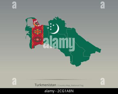 Turkmenistan Flagge isoliert auf Karte. Zentralasiatische Länder Karte und Flagge. Stock Vektor