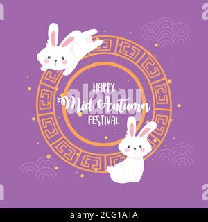 Happy Mitte Herbst Festival, niedlichen Kaninchen Gold Rahmen traditionelle Feier Vektor Illustration Stock Vektor