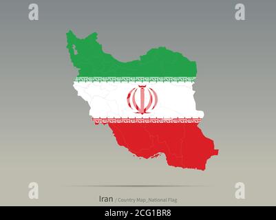 Iran Flagge isoliert auf Karte. Karte und Flagge der Länder des Nahen Ostens. Stock Vektor